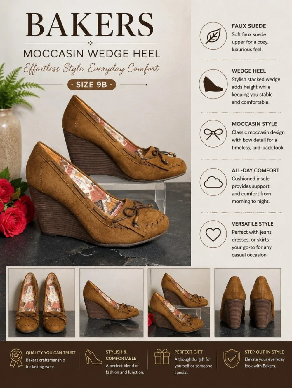 BAKERS Moccasin Wedge Heel Faux Suede Brown 9B
